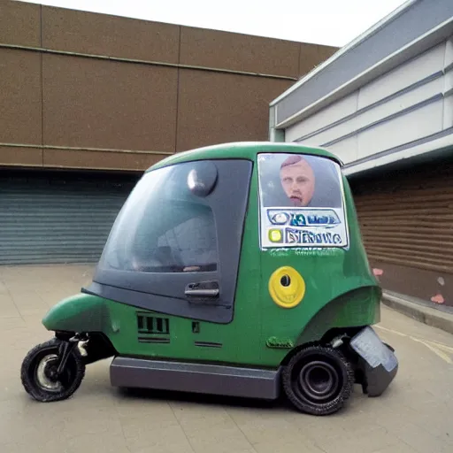 Prompt: Starbug from red dwarf tv series parked in Tesco carpark, still, photography