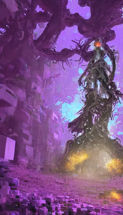 Image similar to a future sci fi ancient god on the middle of a purple forest looking to a young male dressed with streetwear holding a portal that's about to explode, abandoned city with graffiti, sweat drops, insane, intricate, highly detailed, voxel art, smooth, sharp focus, Unreal Engine 5, 8K, art by Diego Velázquez