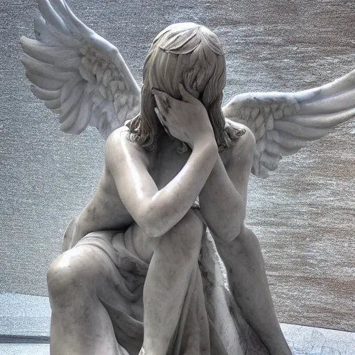 Prompt: marble fallen angel weeping in a sea of stars, statue by antonio canovoa, extremely detailed, 8 k