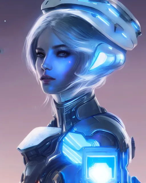 Image similar to perfect android girl on a mothership, warframe armor, beautiful face, scifi, futuristic, galaxy, nebula, raytracing, dreamy, long white hair, blue cyborg eyes, sharp focus, cinematic lighting, highly detailed, artstation, divine, by gauthier leblanc, kazuya takahashi, huifeng huang