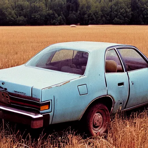 Prompt: A photograph of a heavily rusty, heavily worn out, heavily broken down, heavily used, decaying, beater 1976 Powder Blue Dodge Aspen in a farm field, photo taken in 1989