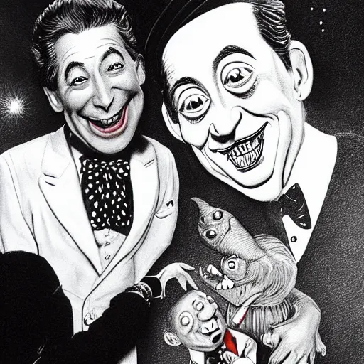 Image similar to beautiful lifelike painting of peewee herman partying with mary poppins on pluto, hyperreal detailed facial features and uv lighting, art by ed roth and basil wolverton