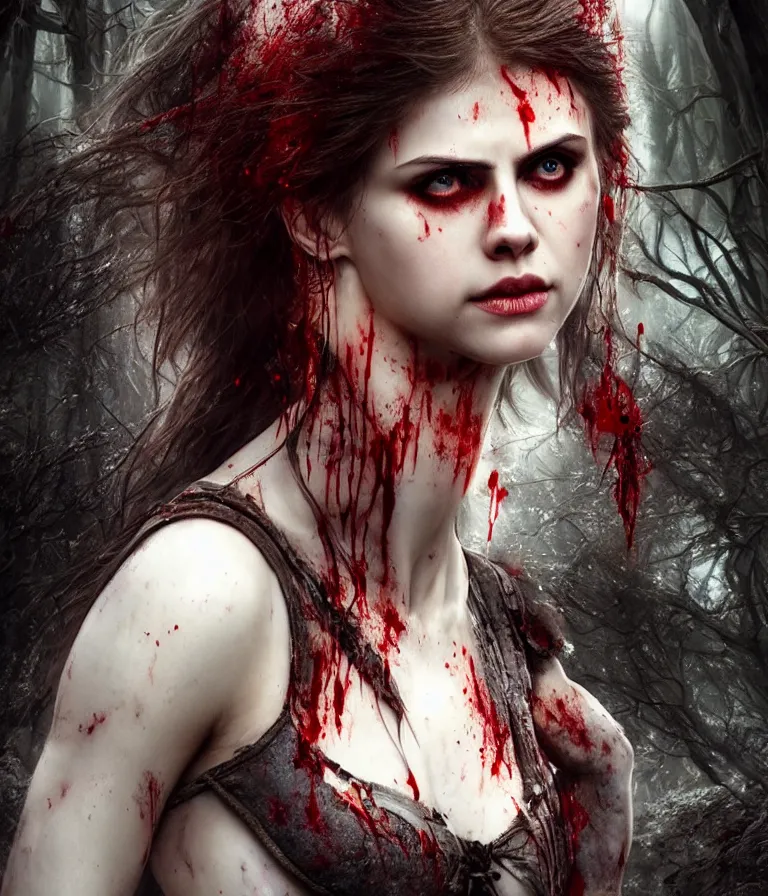 Image similar to photo of a gorgeous nordic female, covered in blood, in dark forest, alexandra daddario face!, realistic, sharp focus, hdr, 8 k, high definition, insanely detailed, intricate, elegant, art by stanley lau and artgerm, luis royo, greg kutkowski