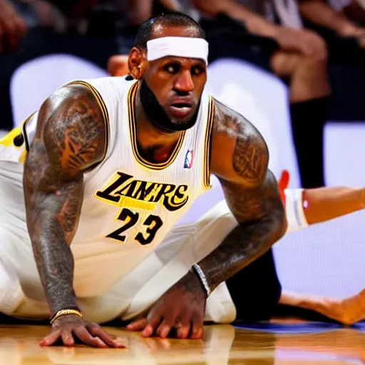 Prompt: professional close up shot photograph of lebron james sleeping on the court in an nba game, wearing nba jersey, standing, clear image, as seen on getty images, smooth, uncompressed,