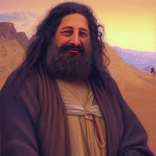 Image similar to Richard Stallman in the desert, in the style of Christ in the Wilderness by Ivan Kramskoi, painting, trending on arstation