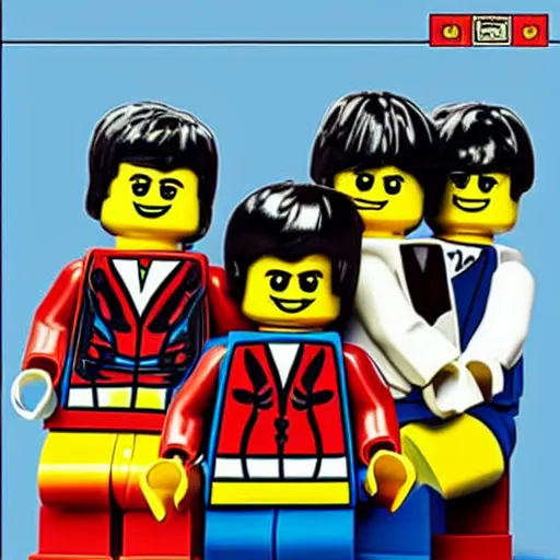 Image similar to Box art for a LEGO set of The Beatles