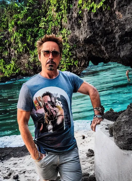 Image similar to a full portrait photo of robert downey jr holiday in iconic spot in bali, f / 2 2, 3 5 mm, 2 7 0 0 k, lighting, perfect faces, award winning photography.