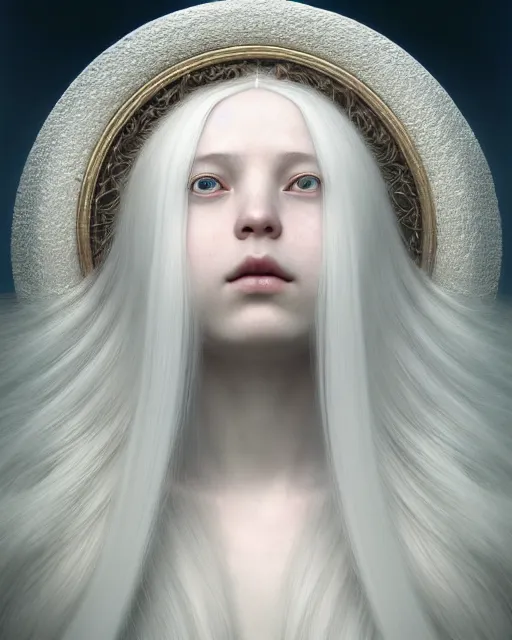 Prompt: dreamy, subsurface scattering, white, young beautiful goddess in cosmos with very long white hair floating in air, octane render, dino valls, mark ryden, joe fenton, michal karcz, highly detailed, rim light, art, cinematic lighting, very coherent, hyper realism, 8 k