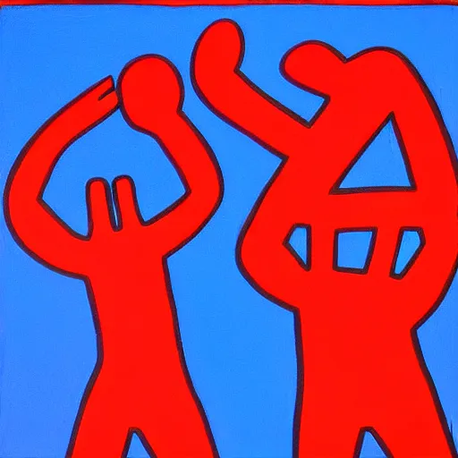 Image similar to acrylic abstract painting using primary red and blue on canvas, by keith haring and andy warhol