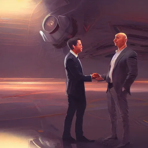 Image similar to illustration of a meeting between elon musk, mark zuckenberg, jeff bezos, very clear face, high quality, very detailled, by artgem, greg rutkowski