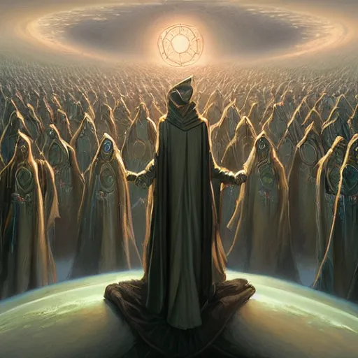 Image similar to a cylindrical quantum computer surrounded by a dark cabal of hooded elven mystics with long robes gathered in a circular formation, michael whelan art, dan seagrave art, cgsociety, artstation, epic scifi fantasy art