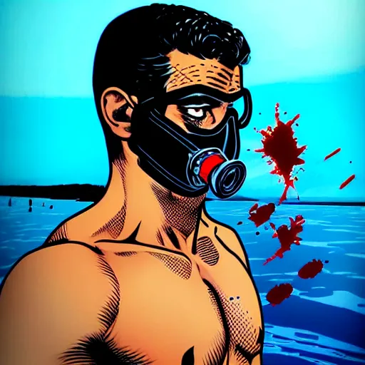 Prompt: a profile photo of a persian man with a diving mask with side profile blood in ocean intricate details by MARVEL comics and Sandra Chevrier-C