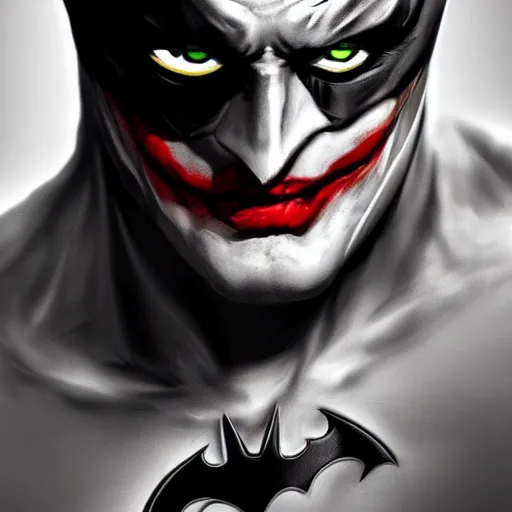 Image similar to half batman half joker face, digital painting, amazing detail, artstation, cgsociety, photorealistic