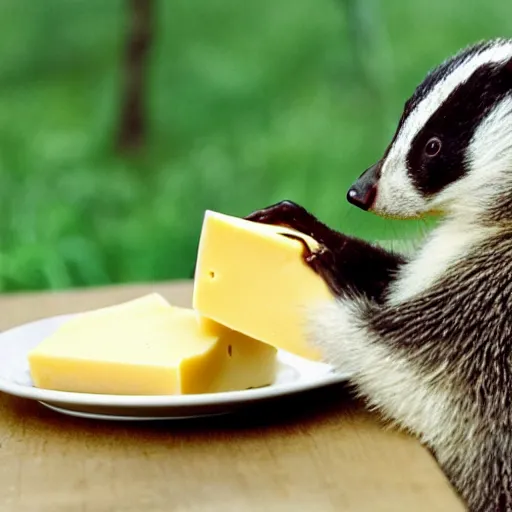 Prompt: happy badger eating a huge piece of cheese, beautiful professional photography, 8 k hd, 3 5 mm film,