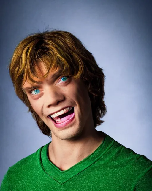 Prompt: dramatically - lit closeup portrait photograph of norville shaggy rogers from the scooby - doo live - action film ( 2 0 0 2 ), sharp details, vignette, high saturation, smooth textured skin, subsurface scattering, green shirt, electric background, photograph by mark mann and martin schoeller, 4 k, soft focus, centered, symmetrical