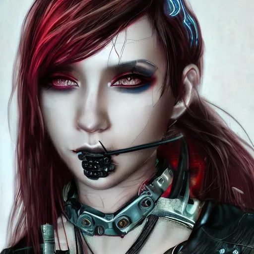 Image similar to realistic female character cyberpunk wearing technological collar around neck, realistic, art, beautiful, 4K, collar, choker, collar around neck, punk, artstation, detailed, female, woman, choker, dark, collar, choker,