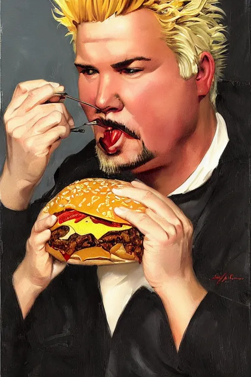 Image similar to guy fieri devouring burger, painting by jc leyendecker!! phil hale!, angular, brush strokes, painterly, vintage, crisp