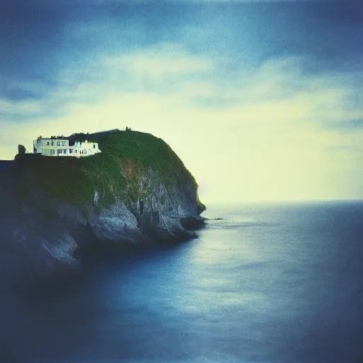 Image similar to night, blue hour, early night, deep blue atmosphere, overcast, low light, sundown, scattered islands, sea, ocean, low pressure system, cloud with eye, very windy, late evening, distant hotel retreat on cliffside, shining lights on cliff side, polaroid photograph