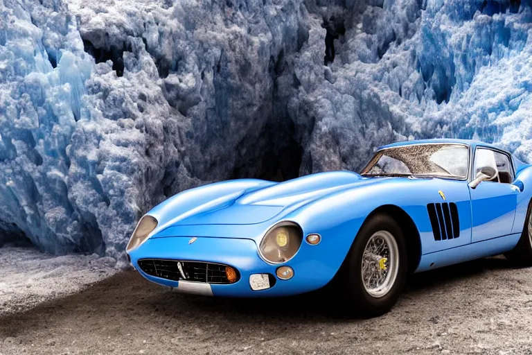 Image similar to cinematography of Ferrari 250 GTO series 2 in a blue ice cave by Emmanuel Lubezki