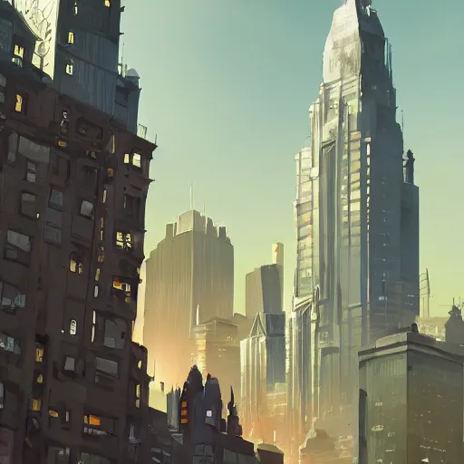 Prompt: damian wayne, city landscape, Gotham, artstation, highly detailed, by makoto shinkai and thomas kindle and James gilleard