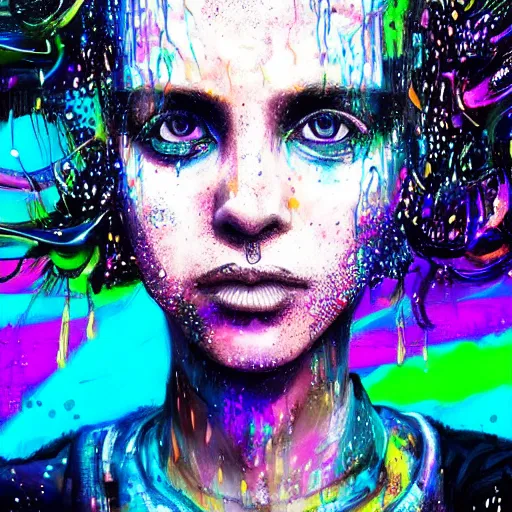 Image similar to splashes of neon galaxies, mowhawk, punk women portrait made out of paint with rain in the background, trending on artstation, epic composition, emotional, beautiful, rendered in octane, highly detailed, realistic, tim burton comic book art, sharp focus, unreal engine