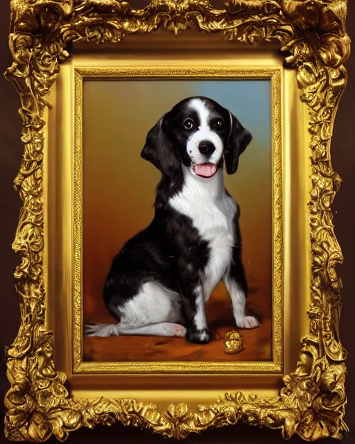 Prompt: big tower greg hildebrant fancy rococo baroque regal puppy oil painting high quality award winning clothed in fancy garb