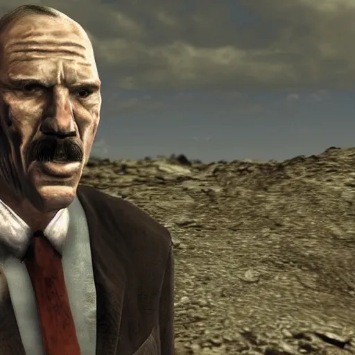 Prompt: Close up screenshot of Janusz Korwin-Mikke in the game Fallout: New Vegas (2010), screenshot from Fallout: New Vegas (2010)