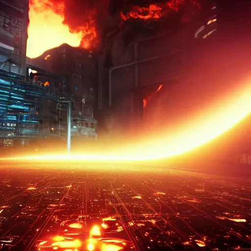 Image similar to a black hole is destroying a gothic cyberpunk City, catastrophic, fire and explosions, the feeling of dread, photorealistic, octane render, unreal engine