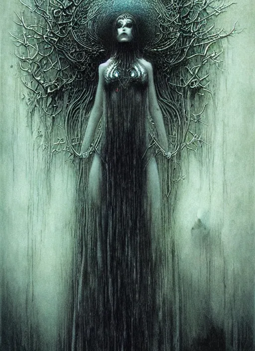 Image similar to majestic dark necromancer queen by Beksinski, Luis Royo