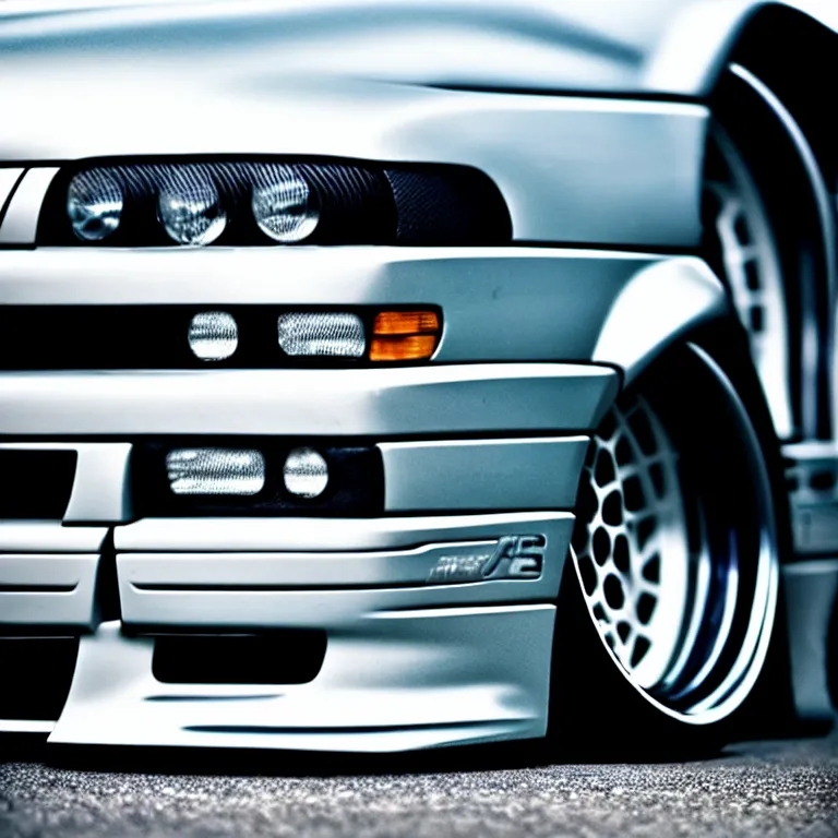 Image similar to close-up-photo BMW E36 illegal meet, cambered wheels, Saitama prefecture, misty midnight, cinematic color, photorealistic, high detailed wheels, highly detailed, custom headlights