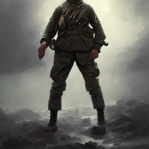 Image similar to a dramatic epic ethereal portrait of a German WWII soldier, full body with dynamic pose, male, detailed face, cinematic lighting, highly detailed oil on canvas painting by Greg Rutkowski, winning-award digital art trending on Artstation H 1024 W 832