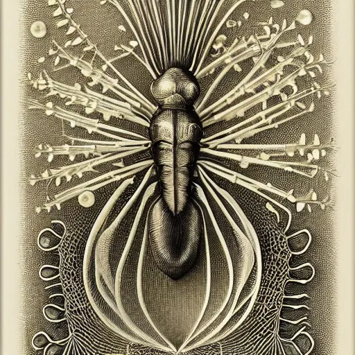 Prompt: water flea queen Daphnia the First, with a crown made of an intricate radiolaria, fantastical engraving by Albrecht Durer | Center Frame, intricate details, ultra-detailed, fine print descriptions of discrete elements, 8K, insane detalization