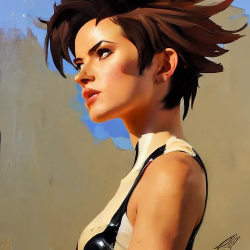 Prompt: greg manchess painting of tracer wearing a latex suit, medium shot, organic painting, sunny day, bold shapes, hard edges, street art, trending on artstation, by huang guangjian and gil elvgren and sachin teng and artgerm and greg rutkowski and alphonse mucha