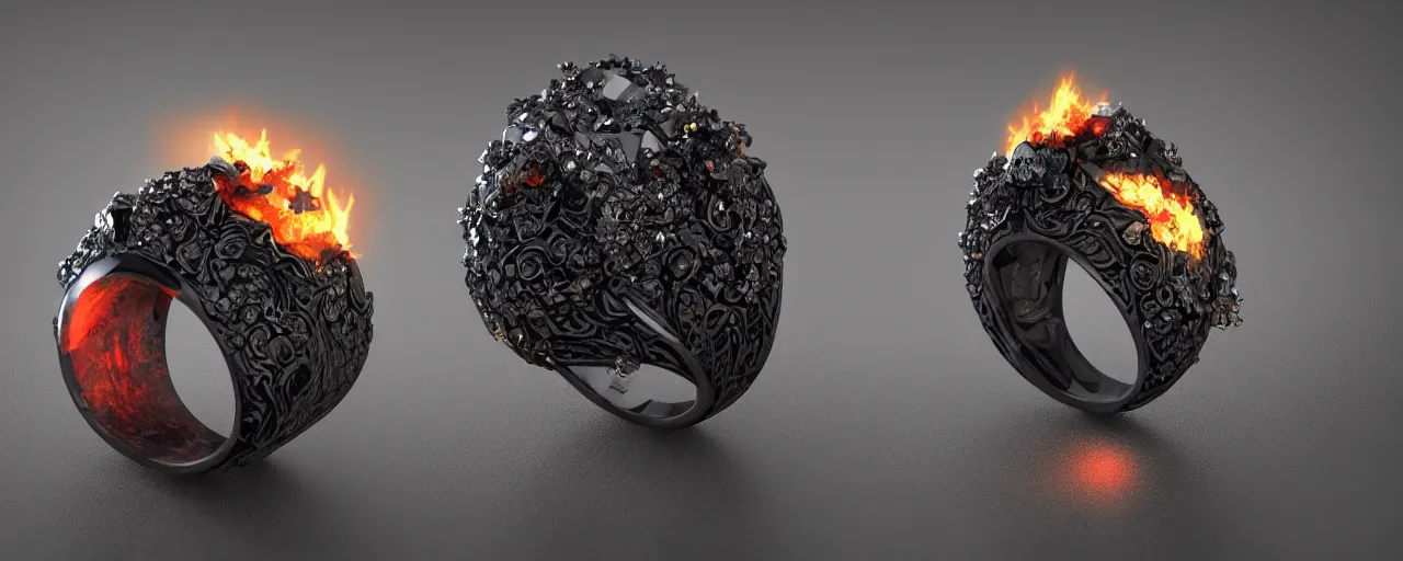 Prompt: black magic crystal ring, fire, flame, crystal, engravings, diamonds, product design, jewelry, colorful, art by gerald brom, greg rutkowski and artgerm, photo realism, unreal engine, c 4 d