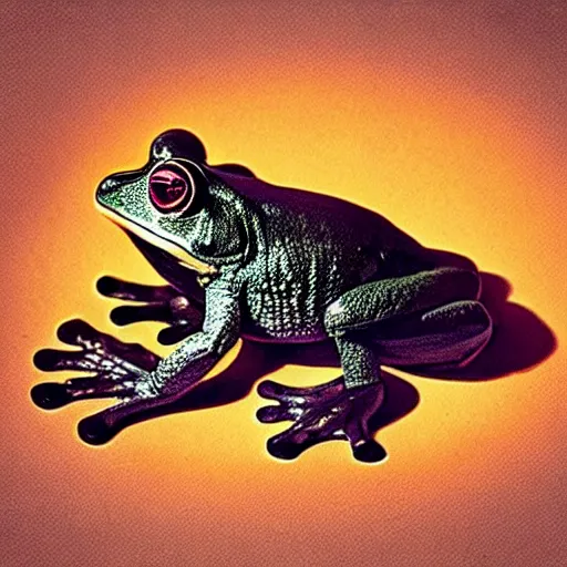 Image similar to frog levitating above the plate on a table with simple food, polaroid photography in style of andrey tarkovski, light caustics, iridescence, paranormal, spiritual, mystical, sublime