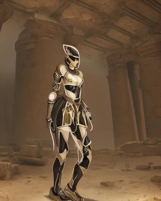 Image similar to android girl in egyptian ruins, warframe armor, atmosphere, glow, detailed, intricate, beautiful face, cinematic lighting, trending on artstation, 4 k, focused, extreme details, cinematic, masterpiece, by akihito tsukushi