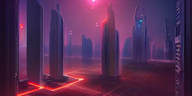 Image similar to a beautiful network of glowing futuristic cubes appears in the sky above a cyberpunk dubai city, atmospheric lighting, intricate, volumetric lighting, beautiful, sharp focus, ultra detailed, in the art style of marc simonetti, bowater charlie and brom gerald, astrophotography