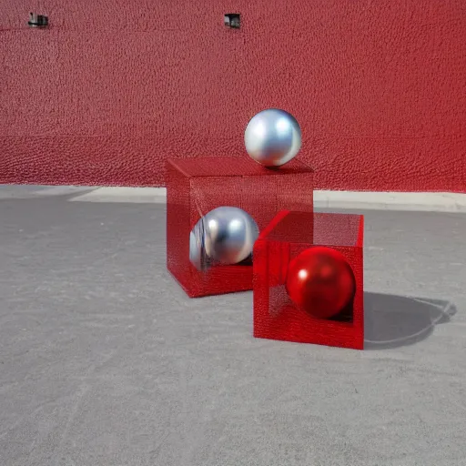 Prompt: chrome spheres on a red cube by masaaki sato