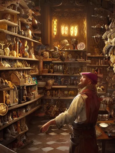 Image similar to a merchant looking for an item in a really messy shelf, full of different trinkets. intricate, elegant, highly detailed, digital painting, artstation, concept art, sharp focus, illustration, by justin gerard and artgerm, 8 k