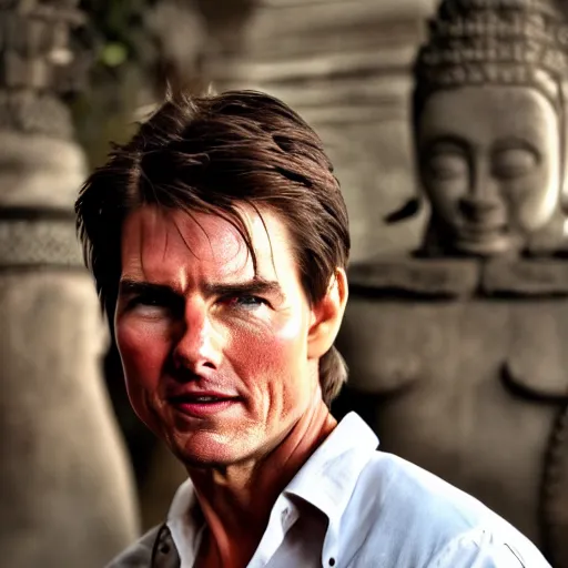 Image similar to a photo of tom cruise in temple of bali, perfect faces, award winning photography, 50 mm