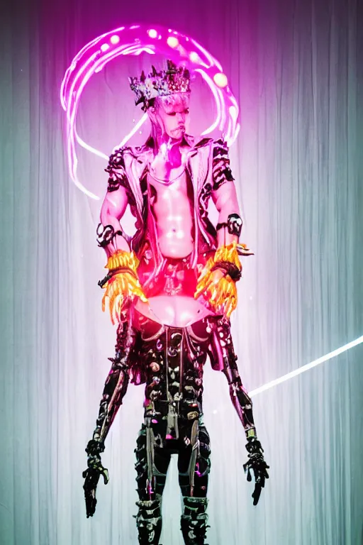 Image similar to full-body rococo and cyberpunk style neon statue of a muscular attractive Spanish macho android sim roupa reclining con las piernas abertas e la piroca e dotado, ethereal white dripping tar, glowing orange lasers, pink tigers, glowing eyes, silver prince crown, black gears, pink diamonds, swirling mint-colored silk fabric. futuristic elements. full-length view. human skulls. large intricate artwork by caravaggio. Trending on artstation, octane render, cinematic lighting from the right, hyper realism, octane render, 8k, depth of field, 3D