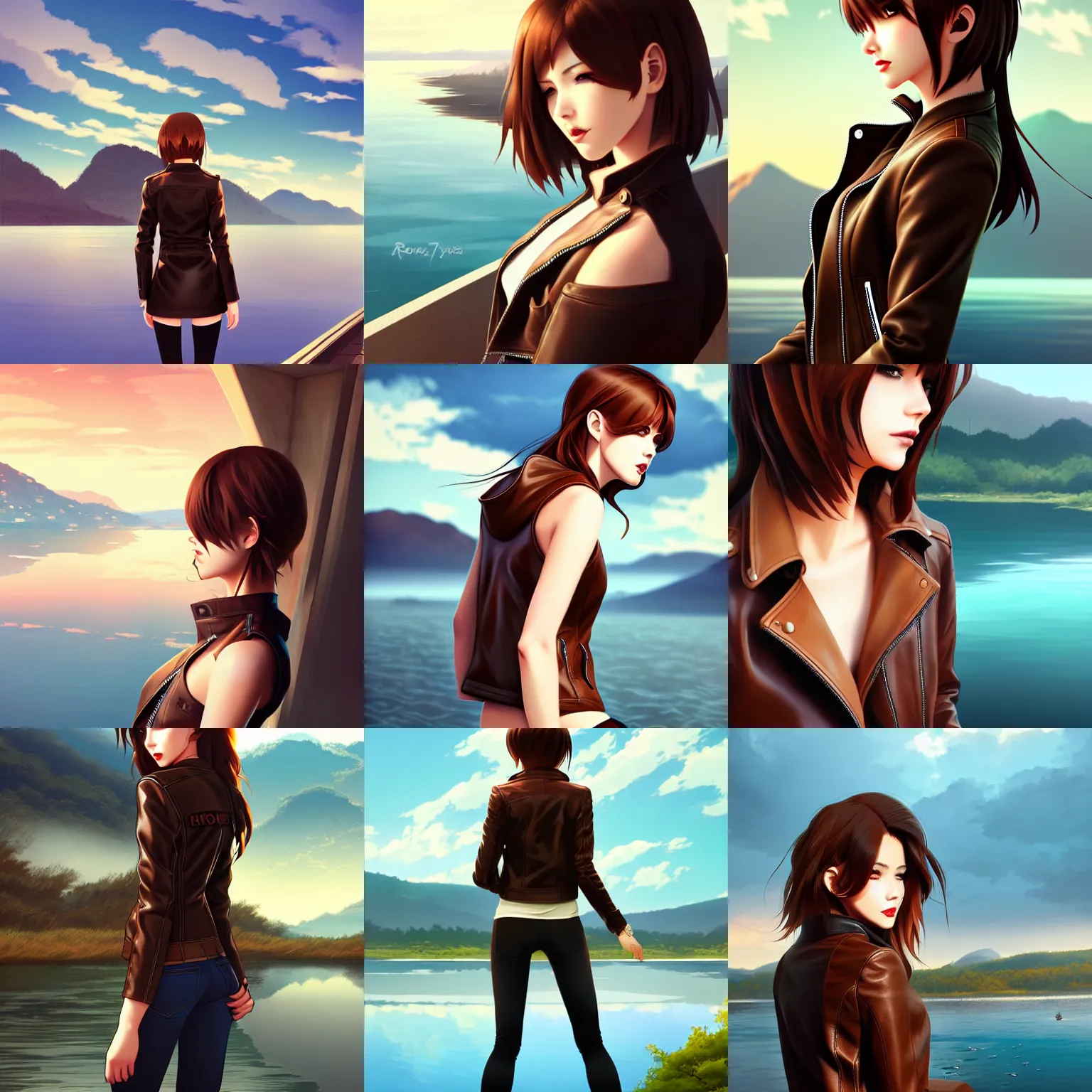 Prompt: woman with brown hair wearing a leather jacket, scenic view of river, in the style of ilya kuvshinov and rossdraws and artgerm, sexy, hot