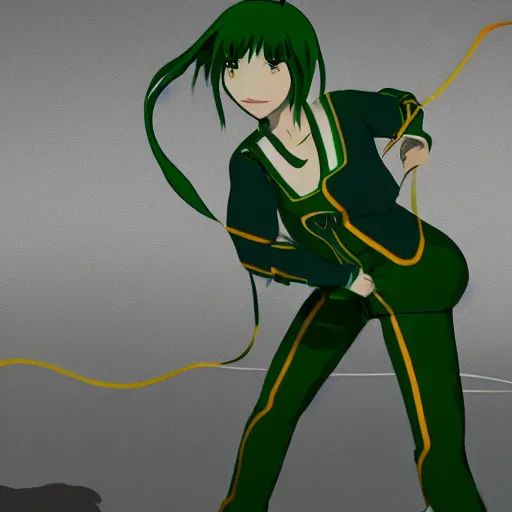 Image similar to anime fencer, green hair, cinematic lighting, animation, illustration