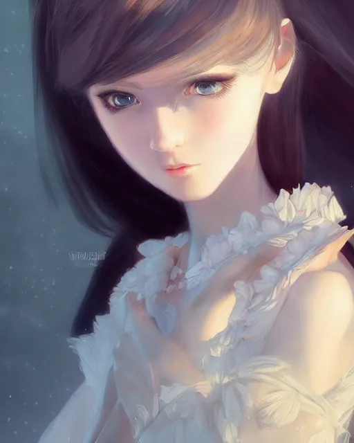 Image similar to ilya kuvshinov. an infinitely detailed portrait of a frail and pale female peace angel elegantly. fully - clothed full - body, beautiful! scenery art!! coherent! by wlop. victorian armor trim, cold color palette, artstation / pixiv!! elegantly armored angel portrait full - body, dreamy art
