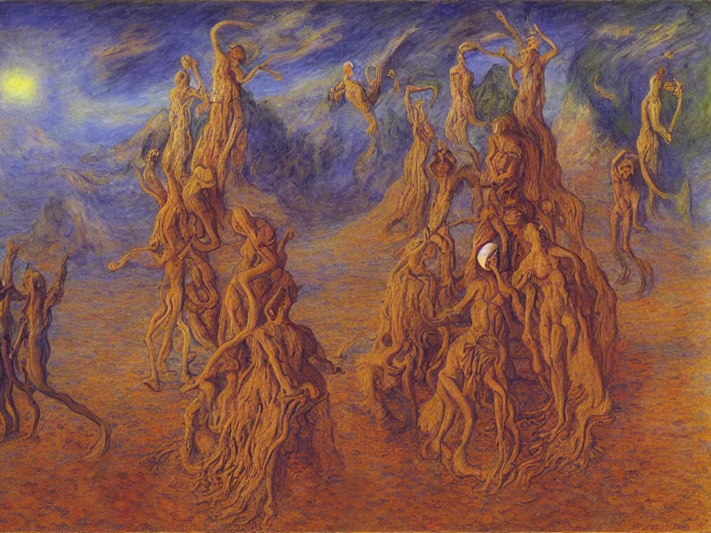 Image similar to the wacky sailors in the vapid ayahuasca desert realm. painting by monet, alex grey, bosch, jan van eyck, beksinski, alfred kubin