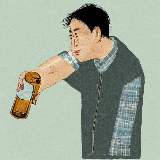 Image similar to a man happily drinks beer by Kimitake Yoshioka.