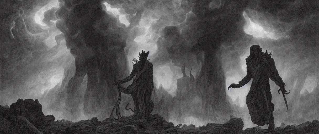 Image similar to an engraving portrait of nyarlathotep, lovecraftian atmosphere, caspar david friedrich, foggy, depth, strong shadows, stormclouds, illuminated focal point, highly detailed