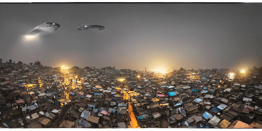 Image similar to AJEGUNLE SLUMS of Lagos surrounding large UFO within NEON rays of light, photographed by Martha Cooper, wide angle, Gold hour light,