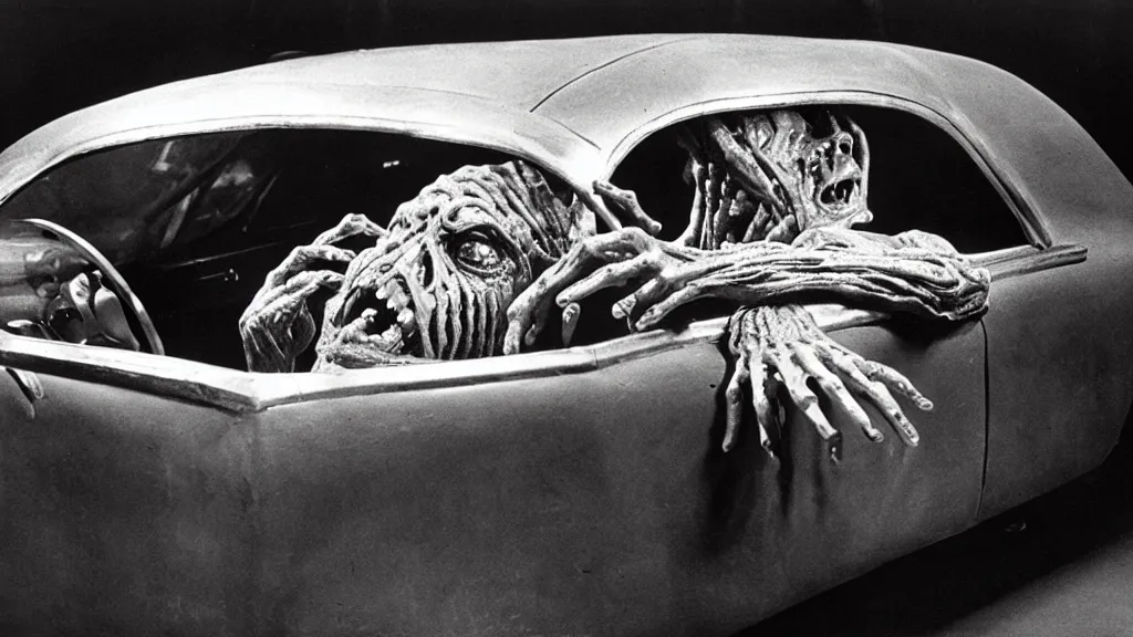 Prompt: the creature sits in a car, made of wax and metal, film still from the movie directed by David Cronenberg with art direction by Salvador Dalí, wide lens