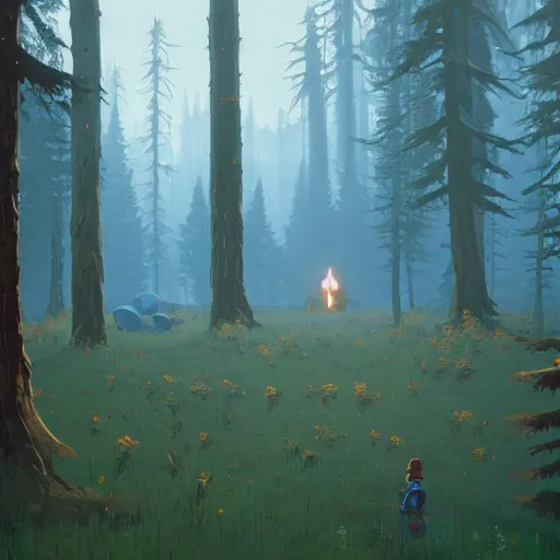 Image similar to breath of the wild, simon stalenhag, forest